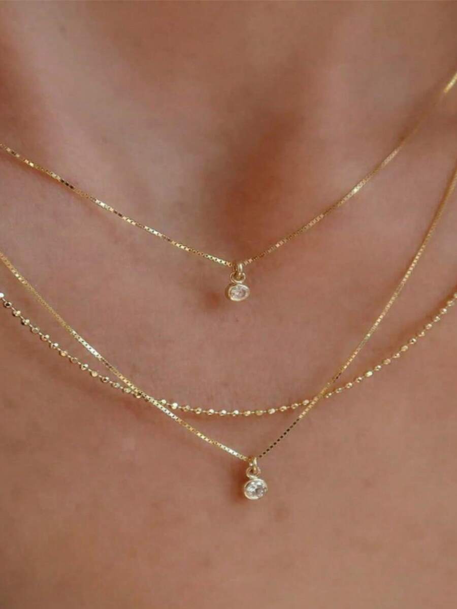 1pc Multi-Layer Personalized Box Chain Water Rhinestone Pendant Necklace, Minimalist Layered Clavicle Chain Necklace Jewelry, Suitable For Women Daily, Anniversary, Festivals, Versatile Gift For Girlfriend - Gold - View 1