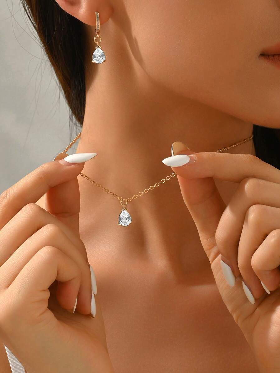 优雅黑色水晶耳环项链套装,精致金链项链和耳环,周年纪念、派对、婚礼等场合的完美礼物 - 透明色 - 查看 1