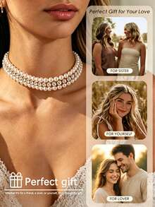 STONEFANS Collar de perlas multicapa brillante, collar de perlas y rhinestones de alto brillo, collar de perlas blancas nupcial, minimalista y elegante - Dorado - Ver 4