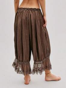 Women Y2K Half Slip Under Dress Pettipants Mid Rise Lace Patchwork Bloomers Trousers Ruffle Pantaloons Cropped Flared Pants Cute Pumpkin Long Pants - Cokelat tua - View 2