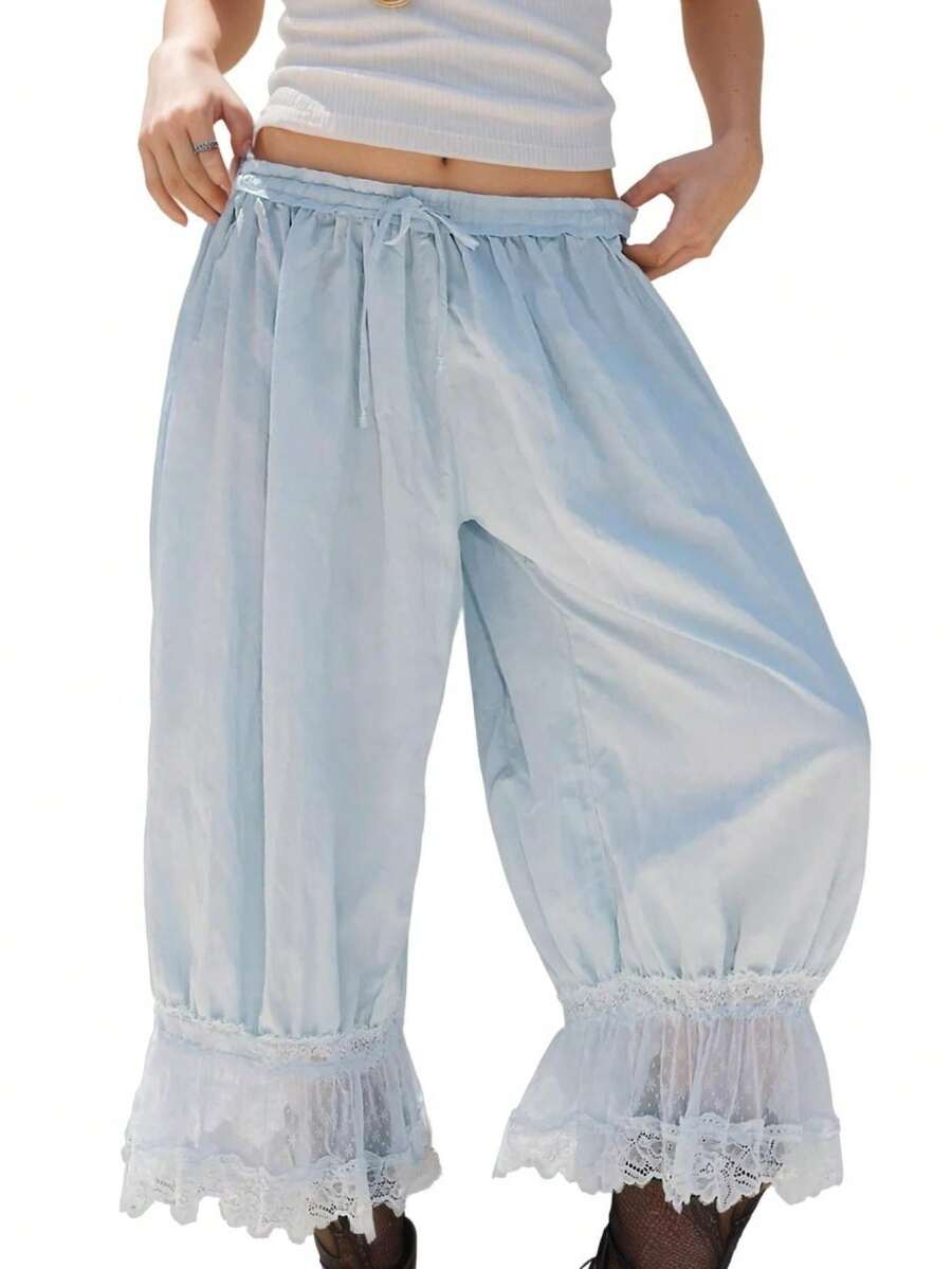 Women Y2K Half Slip Under Dress Pettipants Mid Rise Lace Patchwork Bloomers Trousers Ruffle Pantaloons Cropped Flared Pants Cute Pumpkin Long Pants - 淺藍色 - 查看 1