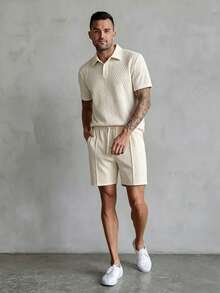 Bộ áo polo tay ngắn và quần short dệt kim jacquard dành cho nam, thích hợp cho kỳ nghỉ biển ở Hawaii, lễ hội âm nhạc và mặc hàng ngày. Một món quà tuyệt vời dành cho bạn trai hoặc chồng, bộ đồ thoải mái. - Màu be - Xem 2