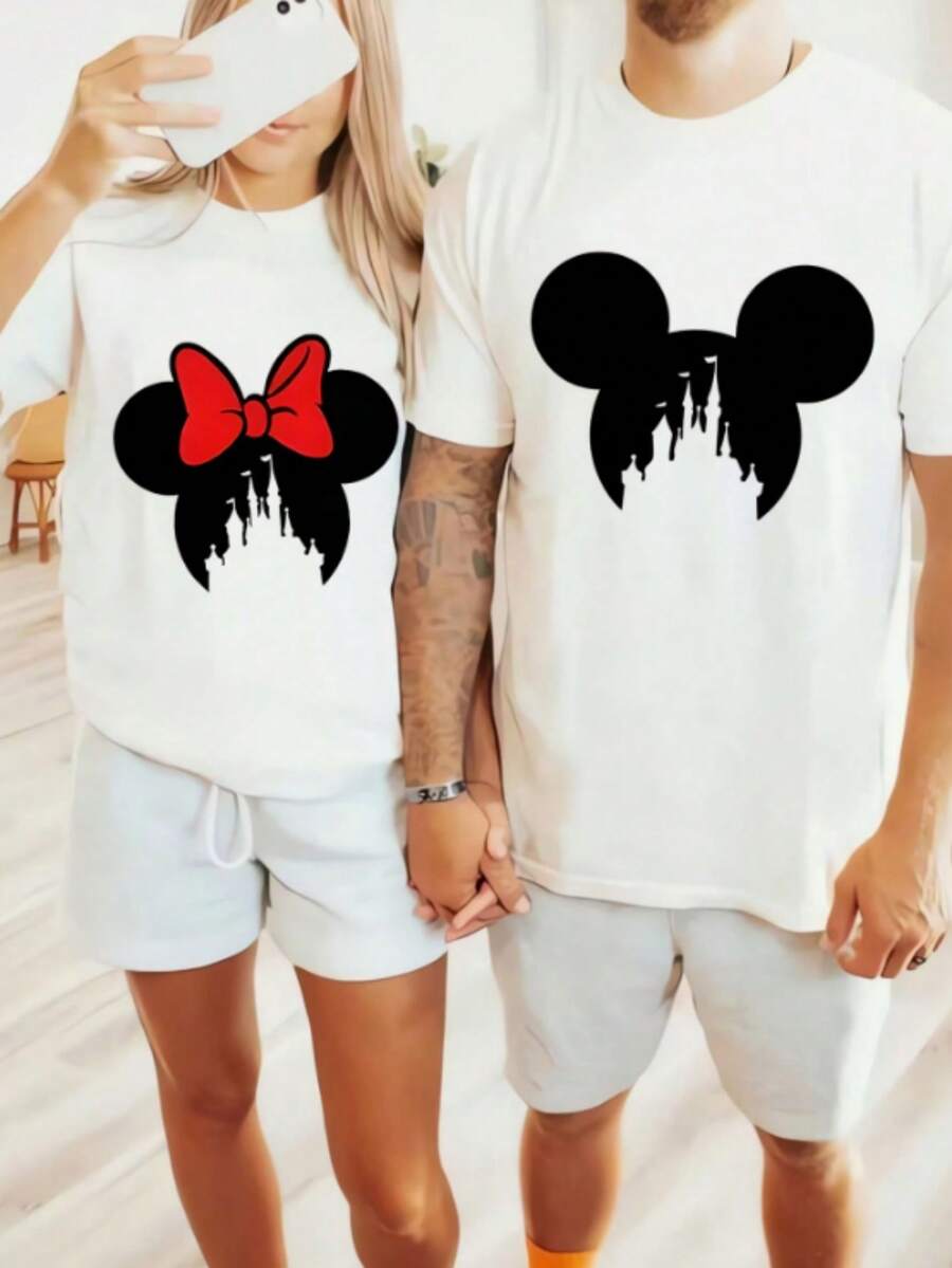Disney Ink-Splashing Mickey Minnie Head Print Couple'S Large T-Shirt | Loose Crew Neck, Soft And Elastic, Suitable For All Seasons, Machine-Washable Fabric, Perfect For Daily Couples Dating - 女士T卹 - 查看 1