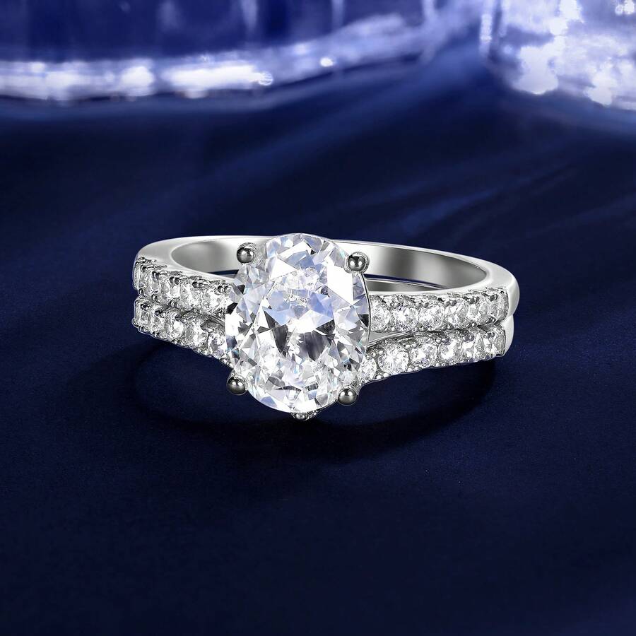 MDFUN 2件套椭圆形锆石戒指套装 - V形可叠戴结婚订婚戒指