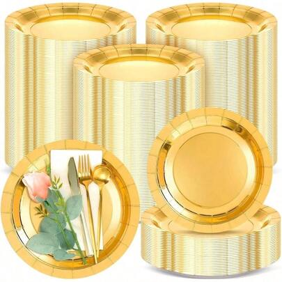 Bộ 100/50 đĩa vàng và bạc cao cấp có thể tái sử dụng - Viền kim loại sáng bóng trang nhã, chất liệu bìa cứng dày dặn, phù hợp cho đám cưới, tiệc sinh nhật, tiệc chiêu đãi - Trang trí bàn chống tràn, dễ dàng vệ sinh.