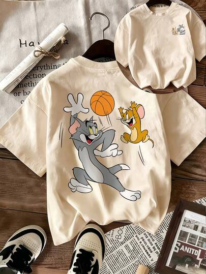SHEIN X Tom & Jerry Camiseta de mujer de manga corta con estampado de baloncesto, cuello redondo, holgada y transpirable, perfecta para el campus/deportes
