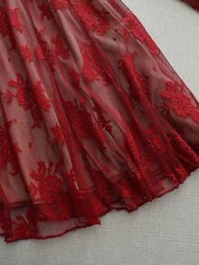 Vestido de línea A con cuello alto de encaje y adornos de diamantes, con mangas acampanadas, para primavera/verano y fiestas de Año Nuevo - Rojo - Ver 5