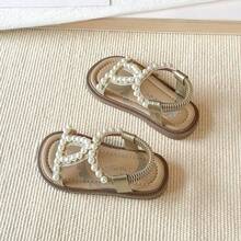 1 đôi sandal công chúa đính ngọc trai cho bé gái, sandal La Mã thời trang xuân/hè mới, giày đi biển hở mũi, quà tặng ngày lễ - Vàng - Xem 4