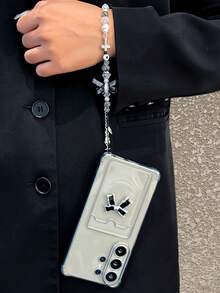 1个美观透明黑色卡槽手机壳，配有3D蝴蝶结和串珠链挂绳，防震、防滑、防刮，兼容华为系列国际版手机，适合作为生日、节日、母亲节礼物 - 透黑 - 查看 2