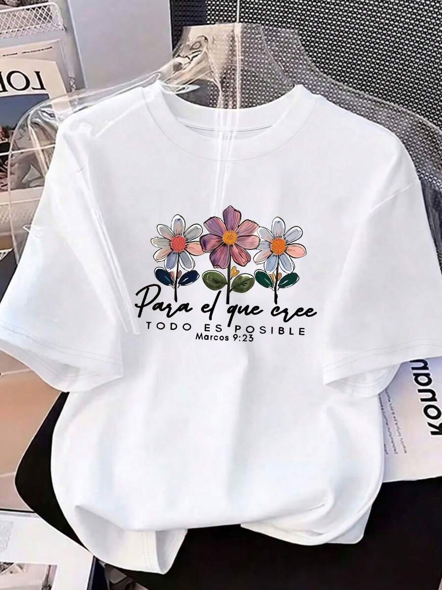 Áo thun ngắn tay nữ cỡ lớn in họa tiết hoa cúc vẽ tay và chữ Tây Ban Nha tươi tắn, cổ tròn, kiểu dáng giản dị, nhẹ nhàng và thư giãn cho mùa xuân/hè, phù hợp cho đi làm hàng ngày và hẹn hò. Màu trắng. - trắng - Xem 1