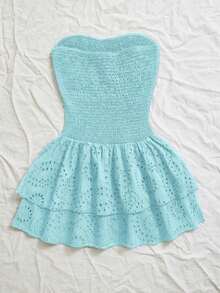 Vestido elegante de estilo de vacaciones con pliegues, sin mangas, tubo, cintura ceñida, hueco, bordado y volantes en el bajo en color azul marino - Camel - Ver 8