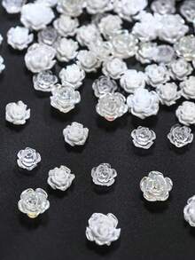 200+ 24 Grids 3D White Camellia Rose Nail Art Decorations - Mixed Transparent/Matte Flower Beads For Wedding Party- Luxury Jewelry Nail Charms For French Manicure - Multicolor - View 5