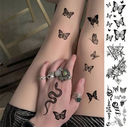 3 Sheet Large Size Body Art Waterproof Simulated Tattoo Stickers, Suitable For Women, Black Butterfly Flower Cute Little Mixed Pattern, Lasts 2-5 Days, Can Cover Scars, Can Be Used On Arms, Wrists, Shoulders, Legs, Waist, Neck, Hands, Chest, Thighs, Fingers, Ankles And Other Parts, Suitable For Parties, Gifts, Vacations, Body Decoration