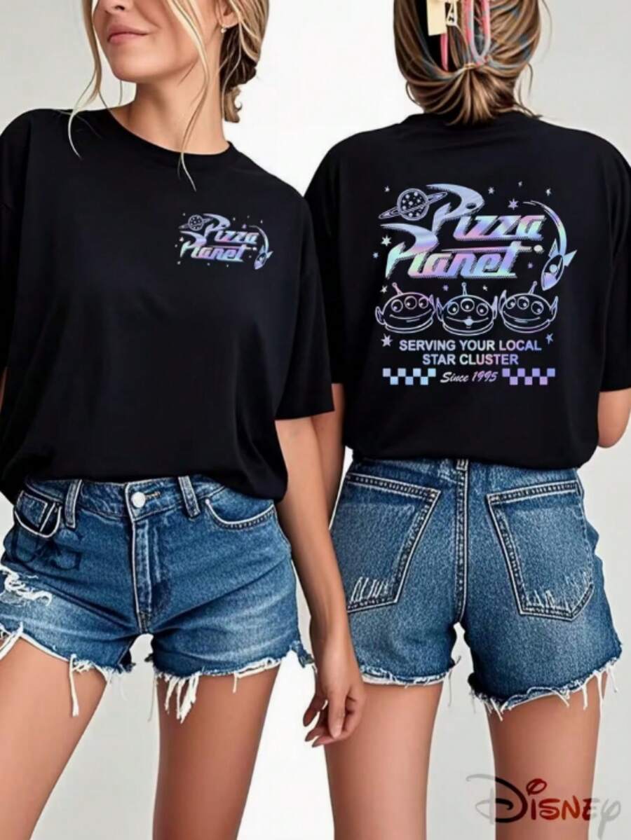Toy Story - Women's Double-Sided Printed T-Shirt, Loose Round Neck, Rainbow Gradient "Pizza Planet" Letter Print, Casual And Cute, Machine Washable Fabric, Slightly Stretchy, Disney - 黑色 - 查看 1