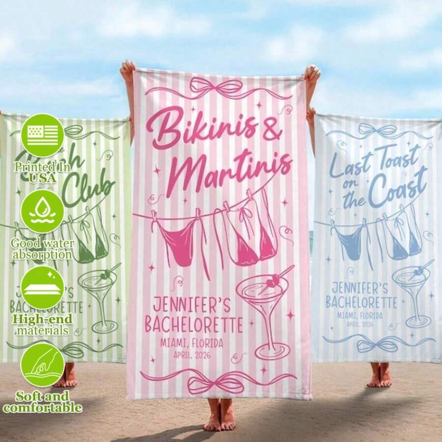 Bachelorette Towels, Bikinis And Martinis, Coastal Bridal Shower, Beach Bachelorette Gifts, Bachelorette Party Favors, Personalized Towel, Birthday Anniversary Engagement Wedding Valentine Day Mother's Day Wedding Vacation Gift,Mother Gifts,Father Gifts,Graduation Gifts,Beach Essentials, Custom Beach Bath Towels, Custom Cruise Ship Essentials, Custom Extra-Large Beach Bath Towels, Custom Pool Essentials, Custom Vacation Essentials, Beach, Ocean Style, Bath Towels, Bathroom, Bathing, Custom Bathroom Towels,Personalized Custom Beach Towel, Custom Your Image/Text/Photo Beach Towel 2D Flat Printed Beach Towel,Soft And Absorbent Microfiber Towel, Suitable For Bathroom, Swimming, Fitness, Yoga, Lightweight And Portable, Wind And Sun Protection, Sand-Proof, Ideal For Summer Travel, Vacation, Bathroom Decor Suitable For Men And Women Beach Essentials,Party Daily Anniversary Party Valentine's Day Wedding Anniversary Easter Mother's Day Graduation Father's Day - Nhiều màu - Xem 1