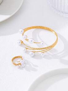 Set de joyería de 2 piezas con anillo y pulsera asimétricos de perlas, regalo elegante para la novia, adecuado para fiestas, galas y citas - Conjunto de 2 piezas - Ver 3