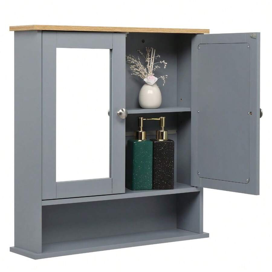 2 Mirror Door 1 Storage Layer MDF Spray Paint Bathroom Wall Cabinet Gray - As Pic - View 1
