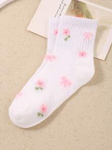 5/10 Pares Aleatórios de Meias com Padrão de Gravata Borboleta de Cor Sólida, Meias com Padrão Floral, Confortáveis, Respiráveis e Macias, Adequadas para Adolescentes, Presente para Crianças, Uso Diário, Todas as Estações - Multicolorido - Visão 5