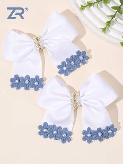 2 piezas Lazos de pelo con clips de tela blanca, decorados con flores azules y perlas de strass, clips de cocodrilo, barrettes con moños de estilo rústico exquisito, pasadores de pelo versátiles y delicados para primavera y verano, accesorios de pelo para regalos de boda, accesorios de pelo para mujeres