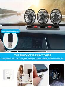 三头车载风扇，两档风速可调，低噪音，360°旋转，电动汽车USB 5V风扇，一键操作，适用于轿车、SUV、房车、船舶。 - 三頭風扇 - 查看 4