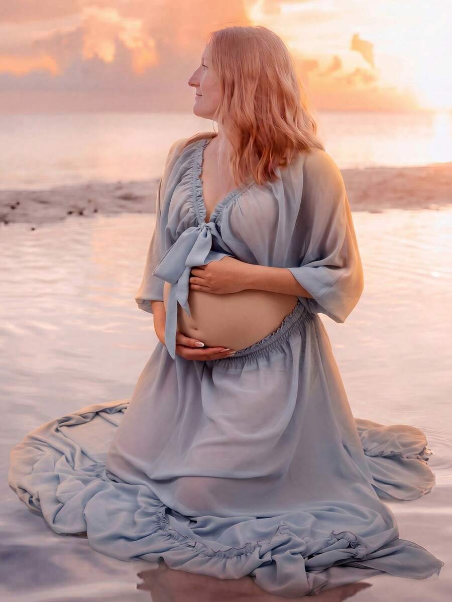 Adjustable Chiffon 2 Pieces Maternity Dress, Blue Vacation - Blue - View 1