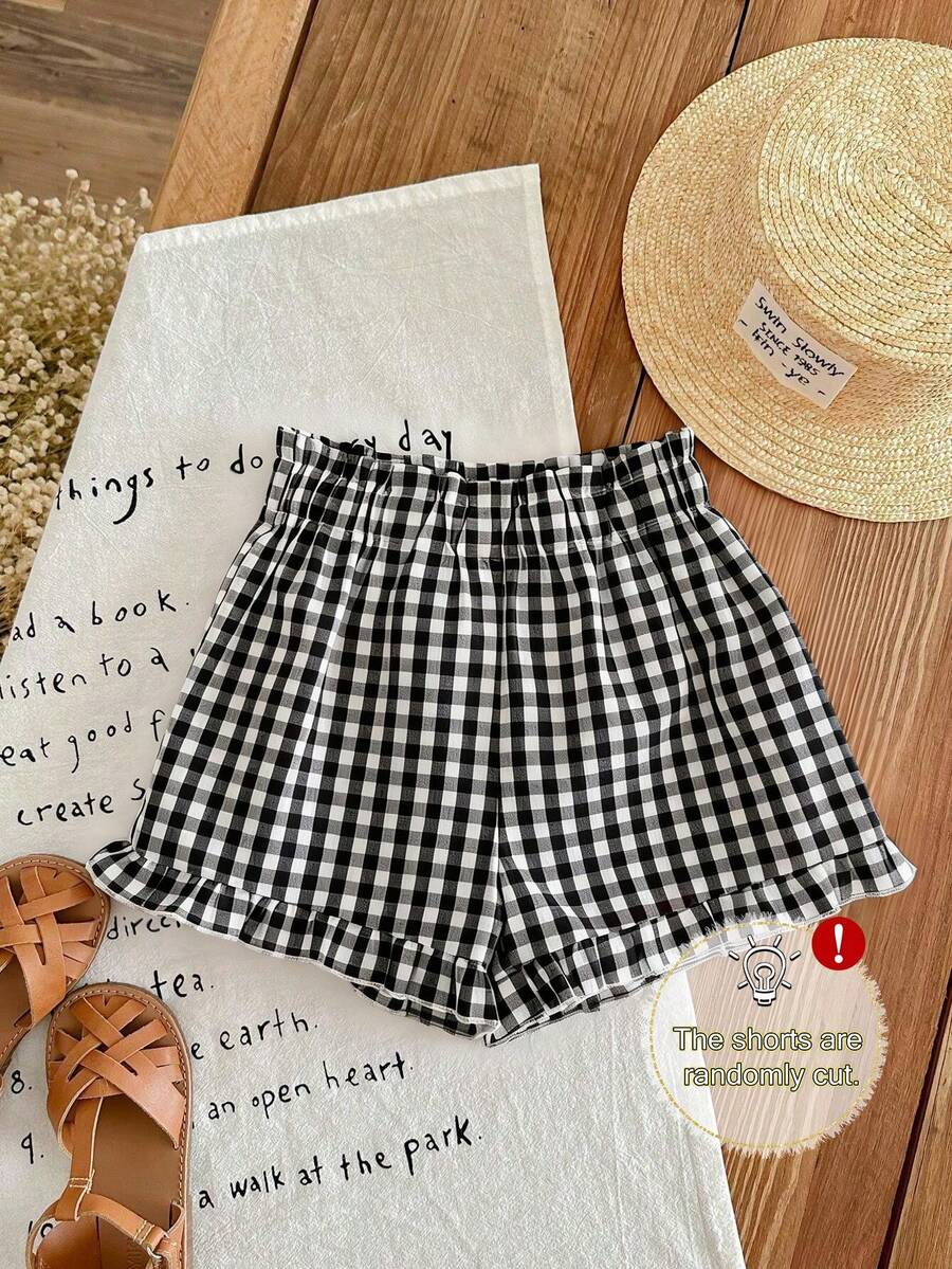 Girls' Plaid Shorts, Versatile Fashion Summer Shorts, Random Cut - Black - View 1