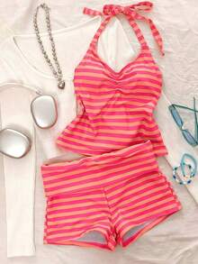 Women's Tankini Swimsuit, Elegant Striped Print Crop Top Paired With Boyshort Bottoms, Suitable Vacation, Beach, Pool And Sports Wear, Suitable Autumn, Winter, Spring And Summer 8BD2 - 粉色 - 查看 6