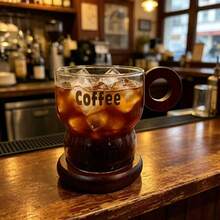 咖啡字母印花玻璃咖啡杯，简约透明玻璃咖啡杯，圆形木质手柄和底座，保温拿铁牛奶杯，适用于冷热饮品，冰美式拿铁，日常饮用杯，厨房咖啡厅办公室适用 - 彩色 - 查看 3