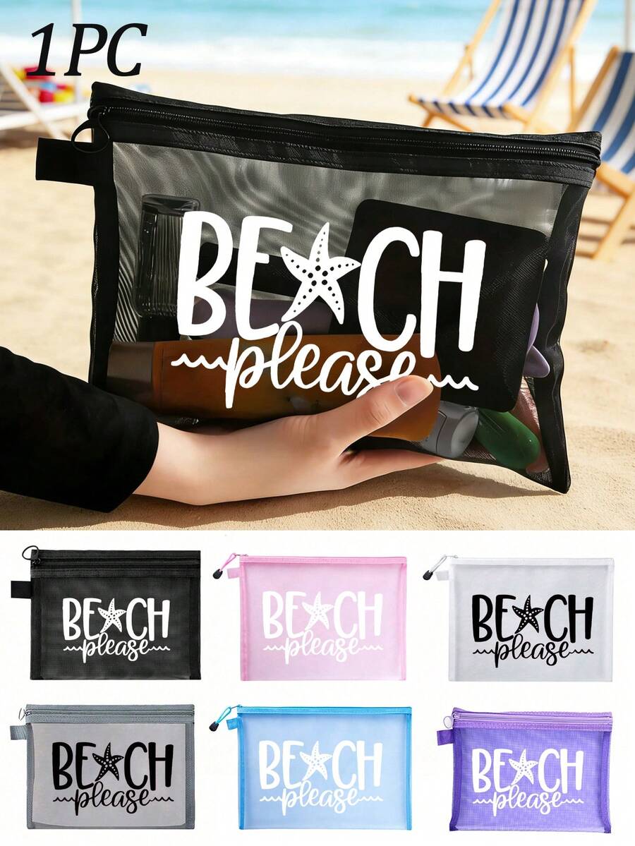 多色時尚網格沙灘包，印有「Beach」字樣的化妝包，沙灘主題。大容量透明化妝包，尼龍拉鍊化妝包，輕便，可存放防曬霜、零食、比基尼和沙灘必需品。春/夏收納，耐用，非常適合游泳、沙灘、潛水和夏季度假，學生返校，輕便防曬收納包，適合朋友、母親節、返校季節