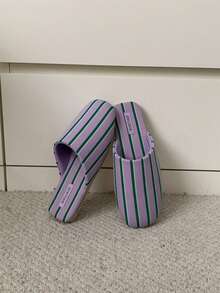 XIXITIAO Minimalist Japanese Style Striped Closed-Toe Slippers, Comfortable Versatile Casual House Slippers, Lightweight Thin-Sole Flat Sandals - Green and Purple - View 9