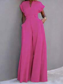 Bộ jumpsuit nữ màu trơn mới, dáng ống rộng, có túi, thích hợp mặc hàng ngày, công sở, đi nghỉ mát, mùa xuân/hè (Kích thước nhỏ hơn so với bình thường, nên đặt size lớn hơn) Thanh lịch - Màu Hồng Tươi - Xem 5