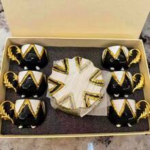 Set de tasse à café et soucoupe en céramique vintage avec motif géométrique doré embossé et peint à la main, service à thé en céramique de style européen de luxe avec motif embossé asymétrique, service à thé arabe élégant, convient pour le café, le cappuccino, le latte, le lait, les tasses à thé aux fleurs, la Saint-Valentin, le cadeau de l'Aïd al-Adha, cadeau de mariage - (80 ml), souvenir de remise des diplômes, couleur rouge/bleu/noir doré - Multicolore - Voir 18