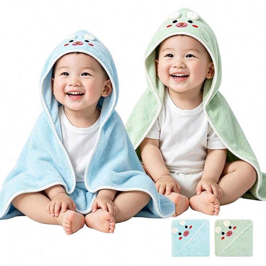 2 chiếc khăn tắm có mũ cho bé, thiết kế hình mặt động vật trung tính, áo choàng tắm cho trẻ sơ sinh họa tiết động vật độc đáo, khăn quấn phòng tắm hoạt hình bằng vải lông san hô siêu mềm, phù hợp cho mọi mùa. - 2 cái màu xanh dương + xanh lá cây - Xem 1