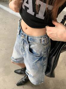 YEAE | 腰帶設計 破洞喇叭中長版牛仔褲 女款休閒 - 中等水洗藍 - 查看 7