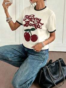 Casual White Short Sleeve Knit Top With Cherry Print, Contrast Trim Round Neck T-Shirt, Lightweight & Breathable Knit For Summer - Apricot - View 5