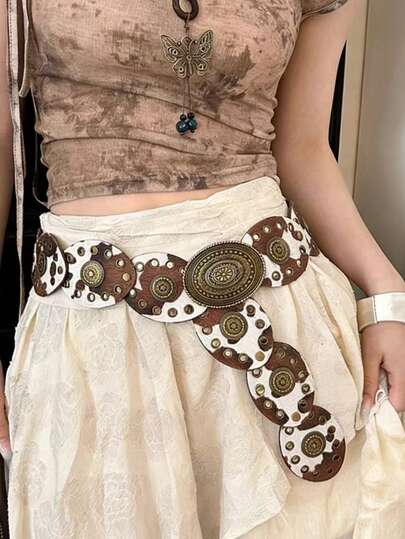 1pc Western Cowboy Bohemian Style Cow Print Patchwork Belt, With This Antique Bronze Metal Belt, Suitable For Autumn, Winter, Spring, Jeans, Halloween, Skirts, Long Dresses, Parties, Proms, Outfits