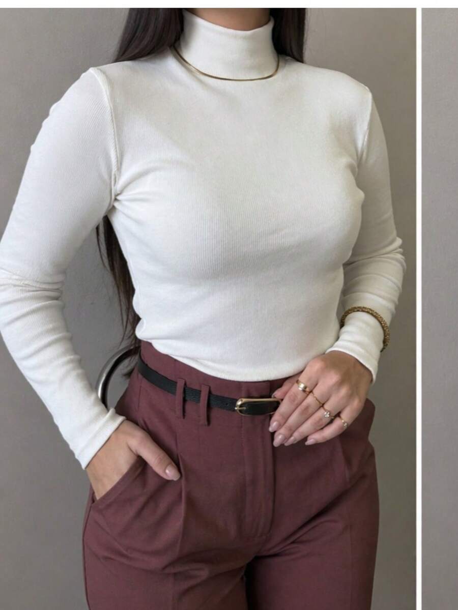 Thermal Base Layer Blouse, Ribbed, High Neck, Winter - 白色 - 查看 1