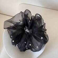 新款蕾丝珍珠荷叶边发圈，甜美网纱蝴蝶结发带，百搭高端发饰 - 白色 - 查看 5