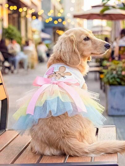 PETCIRCLE 1pc Pet Clothes, Dog Cat Outfit, Outdoor Indoor Apparel For Small Dogs Puppies Pomeranian Teddy, Cute Casual Outfit, Rainbow Bunny Easter Tulle Dress Series