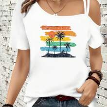 Beautiful Casual Elegant Vacation Party Summer Women's Clothing Tropical Beach Pattern Gorgeous Women's Top Loose Athletic Elegant Gift Soft Machine Washable Casual Cute Elastic All-Match Short Sleeve Cami Top - 彩色 - 查看 1