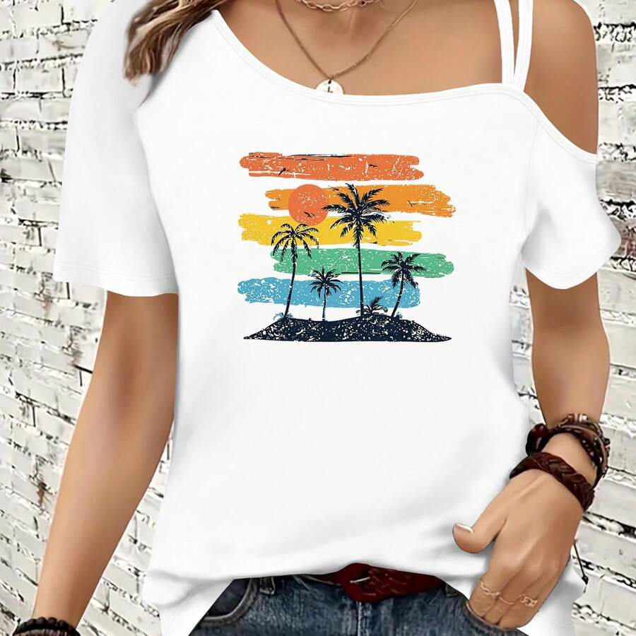 Beautiful Casual Elegant Vacation Party Summer Women's Clothing Tropical Beach Pattern Gorgeous Women's Top Loose Athletic Elegant Gift Soft Machine Washable Casual Cute Elastic All-Match Short Sleeve Cami Top - 彩色 - 查看 1