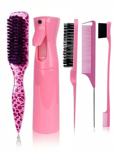 5Pcs Sharp Tailed Beard Brush Kit, Men's Vintage Oil Head Styling Brush, Spray Bottle, Beard Brush, Slick Back Hair Brush For Sleek Ponytail Bun & Smoothing Baby Hairs, Edge Control - Backcombing & Teasing Hairbrush With Wide Rat Tail For Sectioning & Parting