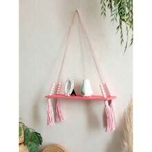1/2 Pcs Bohemian Pink Tassel Beaded Hanging Shelf, Decorative Wooden Wall Mounted Floating Shelf For Bedroom, Living Room - Cute Bohemian Storage Shelf For Small Plants, Toys And Trinkets, Woven Wall Hanging Shelf - Bohemian Wooden Wall Hanging Shelf With Wooden Beads, Farmhouse Style Floating Shelf, Rustic Hanging Plant Shelf For Bedroom, Living Room, College Room Decor - Pink - View 10