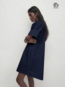 Vestido de algodón holgado de estilo minimalista básico con cuello mao, botones delanteros y color bliso sólido, para uso casual diario, ir al trabajo y vestimenta informal de negocios - Azul marino - Ver 8