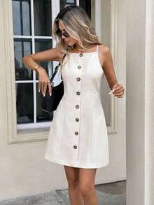 Vestido casual de verano de mujer de unicolor con cuello cuadrado, sin mangas y con botones delanteros - Albaricoque - Ver 6