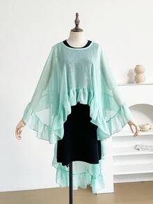 1件简约纯色设计银线圆领荷叶边披肩，女士时尚百搭轻盈雪纺不对称套头防晒披肩，多功能夏季旅行防晒、沙滩巾、度假必备 - 薄荷綠 - 查看 2