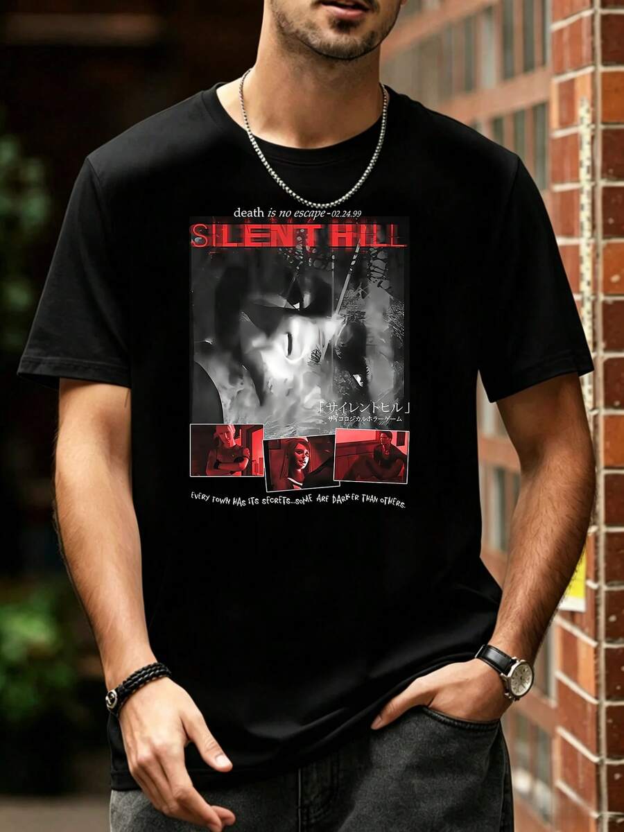 Short-Sleeved Summer Cotton T-Shirt With A Retro Aesthetic And Vintage Graphic, Inspired By The Horror Game Silent Hill. - Black - View 1