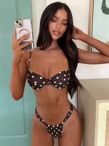 女士波点比基尼套装，时尚棕黄色，适合外出、健身、日常穿着、Y2K风格、度假、音乐节、夏季海滩等场合。 - 棕色 - 查看 2