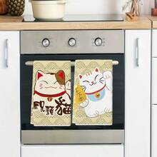 40*60cm Japanese Style Kitchen Towel With Cherry Blossom Wave Pattern, Maneki-Neko Cat Pattern And Auspicious Blessing Pattern, Made Of Soft And Skin-Friendly Fabric, Quick Drying And Easy To Hang Dry, Finely Stitched, 2D Printing Technology For Vivid And Clear Pattern. Suitable For Kitchen Hand Drying, Dining Table Cleaning, Home Decor Hanging, Also Can Be Used As A Thoughtful Home Gift. - Multicolor - View 7