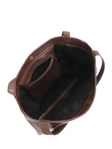 Large Capacity Tote Bag, Retro Faux Leather Handbag With Front Pocket, Suitable For Work And Travel - Coffee Brown - View 12